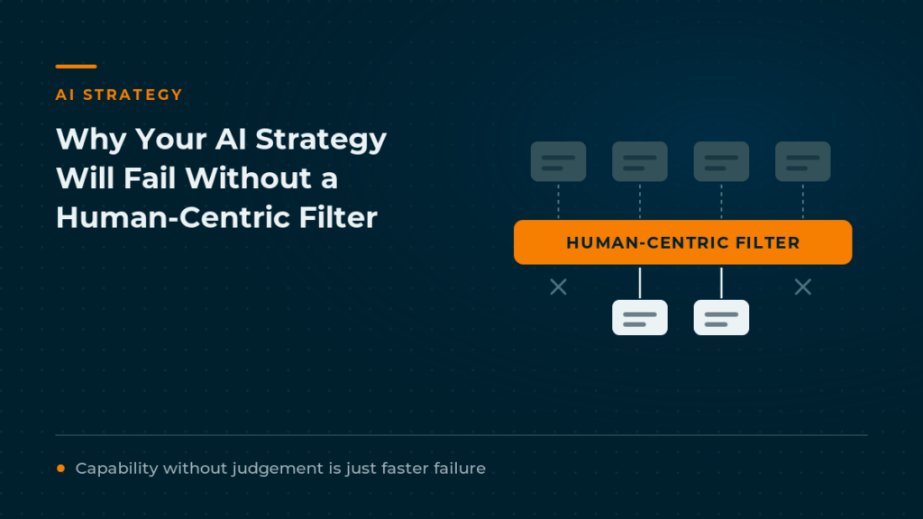 Cover graphic showing model outputs passing through an orange human-centric filter bar with only some passing through, captioned capability without judgement is just faster failure