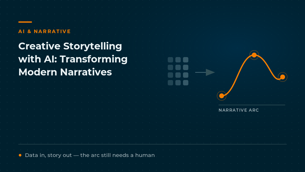 Cover graphic showing a grid of data points resolving into a rising orange narrative arc, captioned data in story out the arc still needs a human