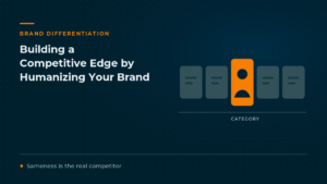 Cover graphic showing a row of identical grey brand tiles with one orange tile carrying a human figure, captioned sameness is the real competitor