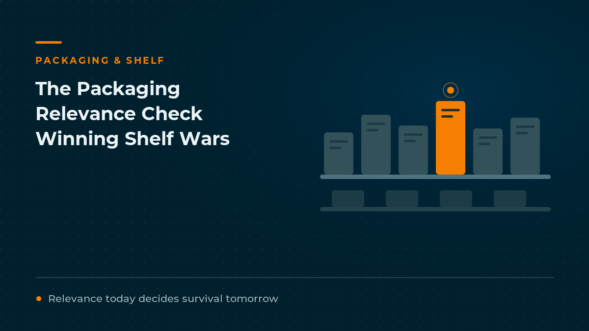 Cover graphic showing a retail shelf of packs with one orange pack drawing attention, captioned relevance today decides survival tomorrow