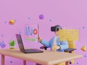 3D character wearing a VR headset interacting with floating data screens