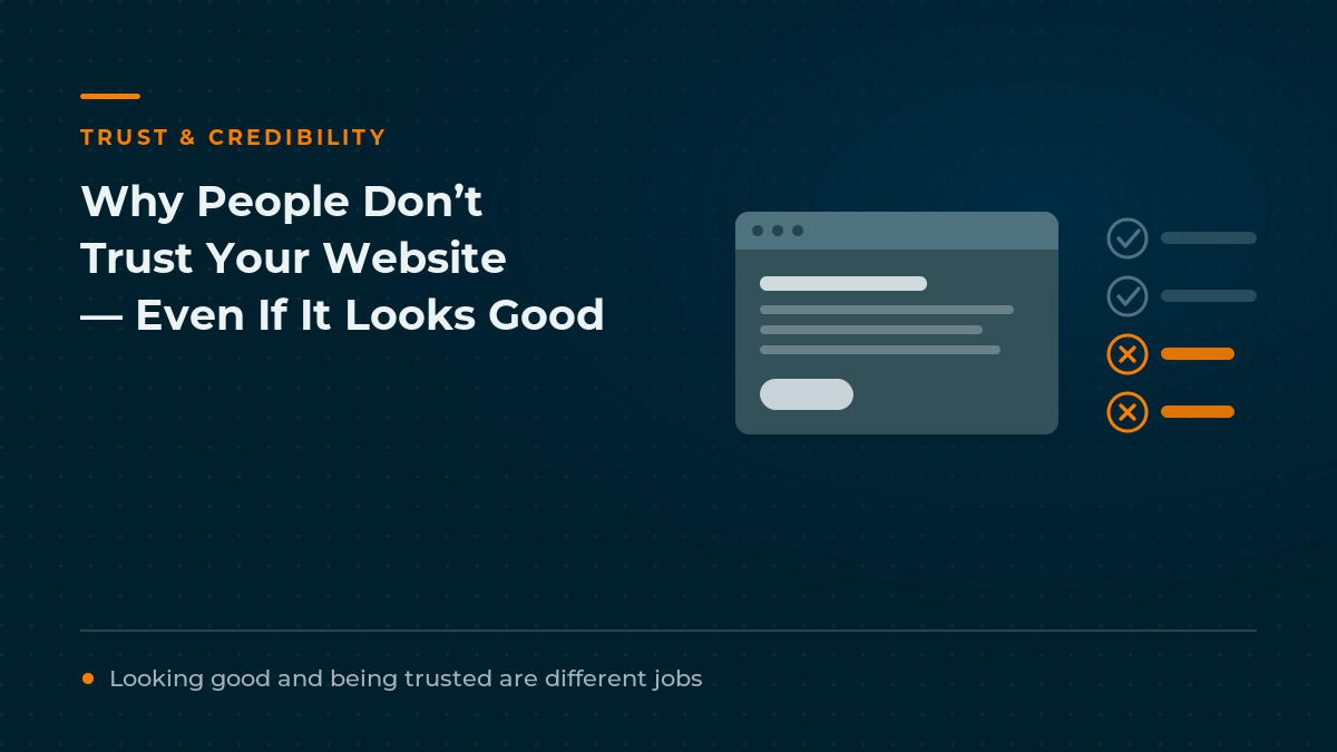 Cover graphic showing a well designed browser window beside a trust checklist with two items failing in orange, captioned looking good and being trusted are different jobs